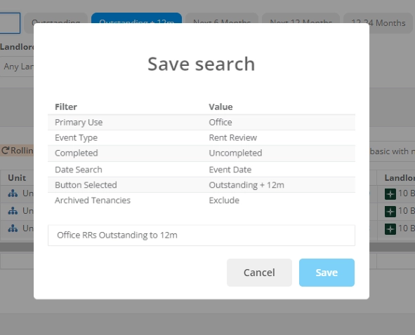 Filters used for rent review saved search