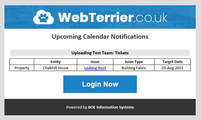 Example email of an upcoming ticket notification