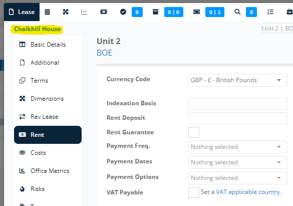 Rent subtab with no VAT rate